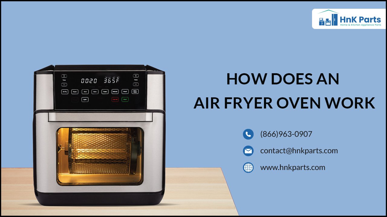 Internal components like the heating element and fan are visible inside an air fryer.