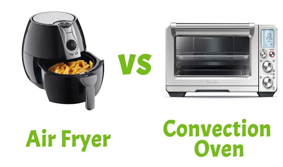 An air fryer and a convection oven compared on a wooden table.
