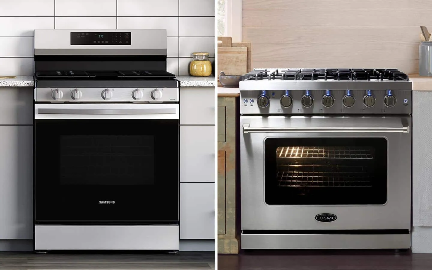 Crowded deep roasting pans blocking airflow inside a stainless steel convection oven.