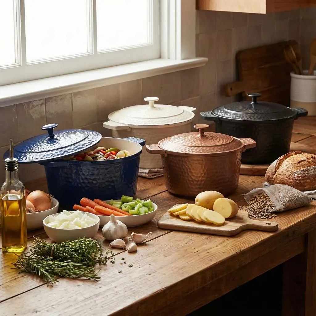 Hands lifting Dutch oven lid beside a tall stainless stock pot