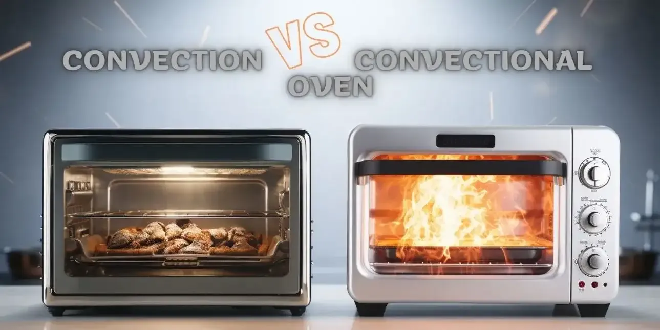 Roasted chickens on baking sheets inside a convection oven and a regular oven.