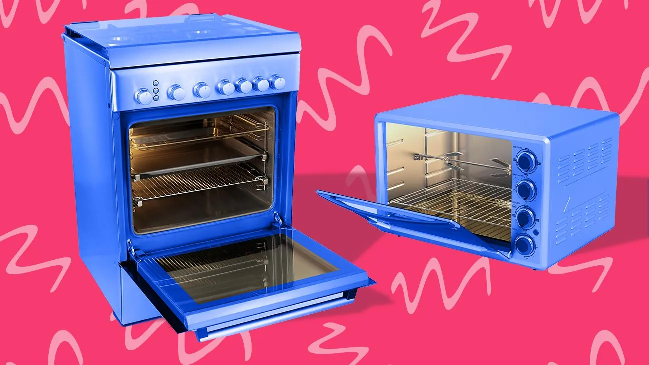 Roasted vegetables cooking inside a convection oven with visible rear fan