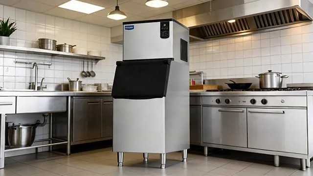 Small countertop ice maker plugged in on a kitchen counter