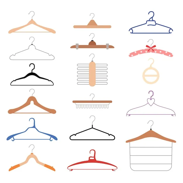 Specialty hangers with clips, tiers, and shoulder shape on table