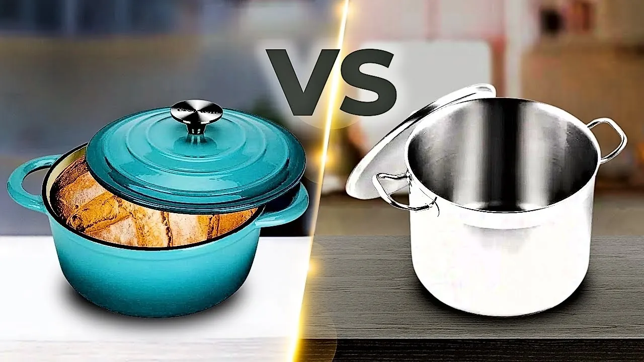 Tall stock pot next to wide shallow Dutch oven showing shape difference