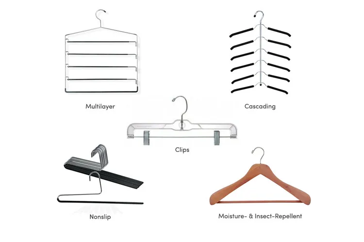 Velvet and wooden hangers holding clothes on a closet rod